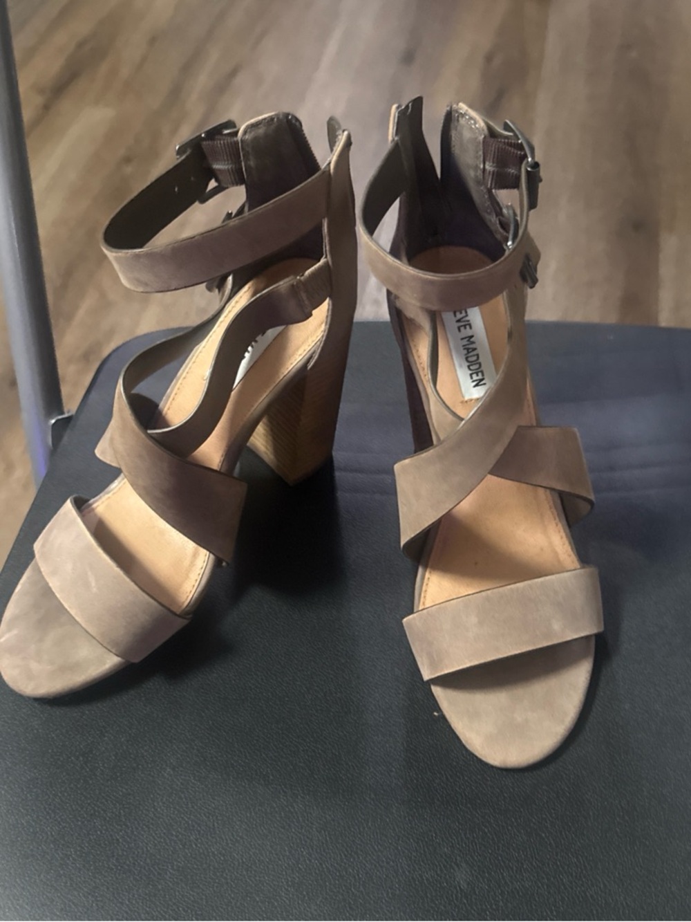 Steve Madden Taupe Strappy Block Heels with Ankle Buckle